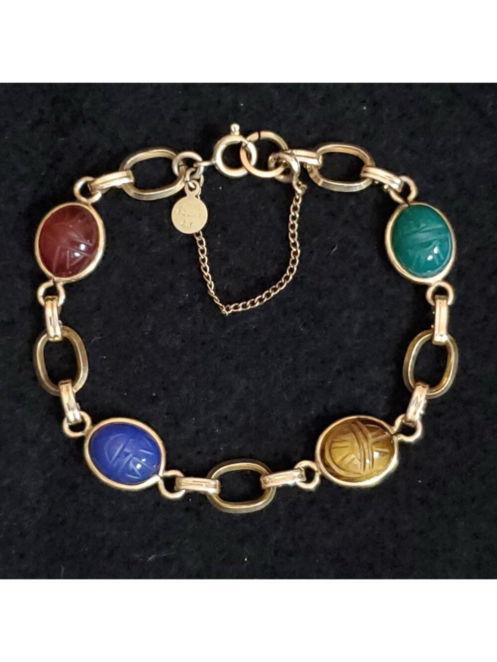 Vintage Scarab Bracelet Gold Filled GF Carved Stone Egyptian Revival 6.5"